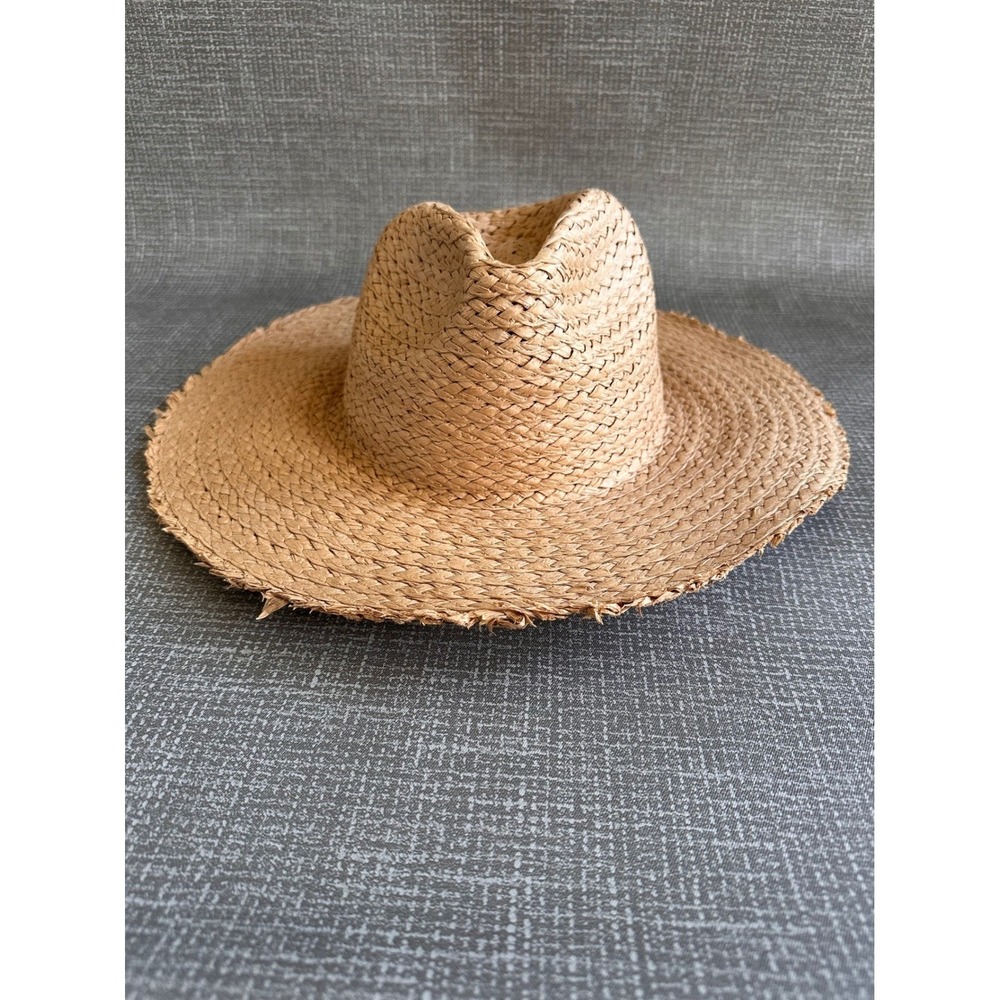 Michael Stars Womens Tan Woven Straw Wide Brim Sun Hat Frayed Edge Fedora Boho